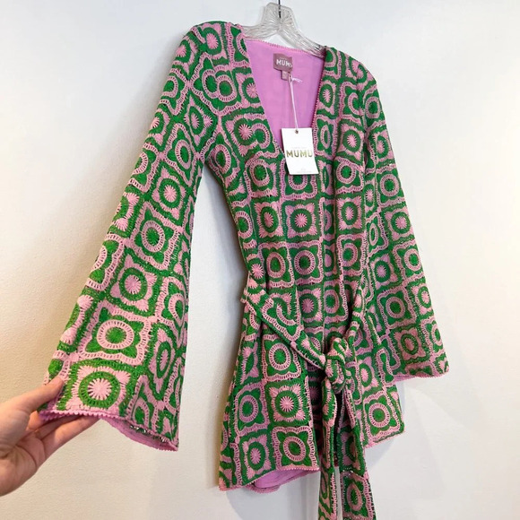 Show Me Your Mumu Treasure Green Pink Crochet Bell Sleeve Mini Dress XS NWT - Picture 7 of 11